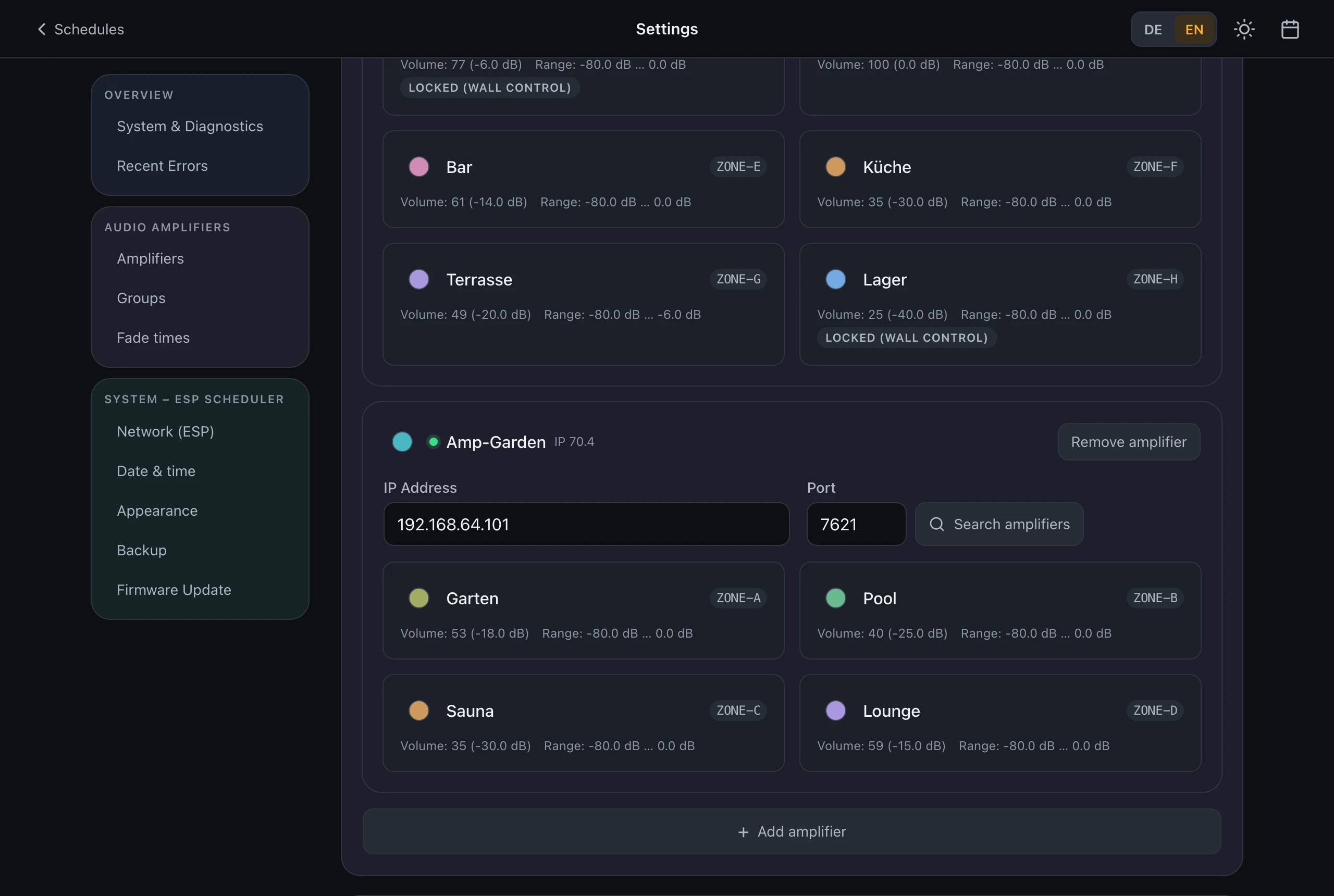 Settings page with two amplifier cards, each listing its zones with colour, volume and dB range, and an Add amplifier button