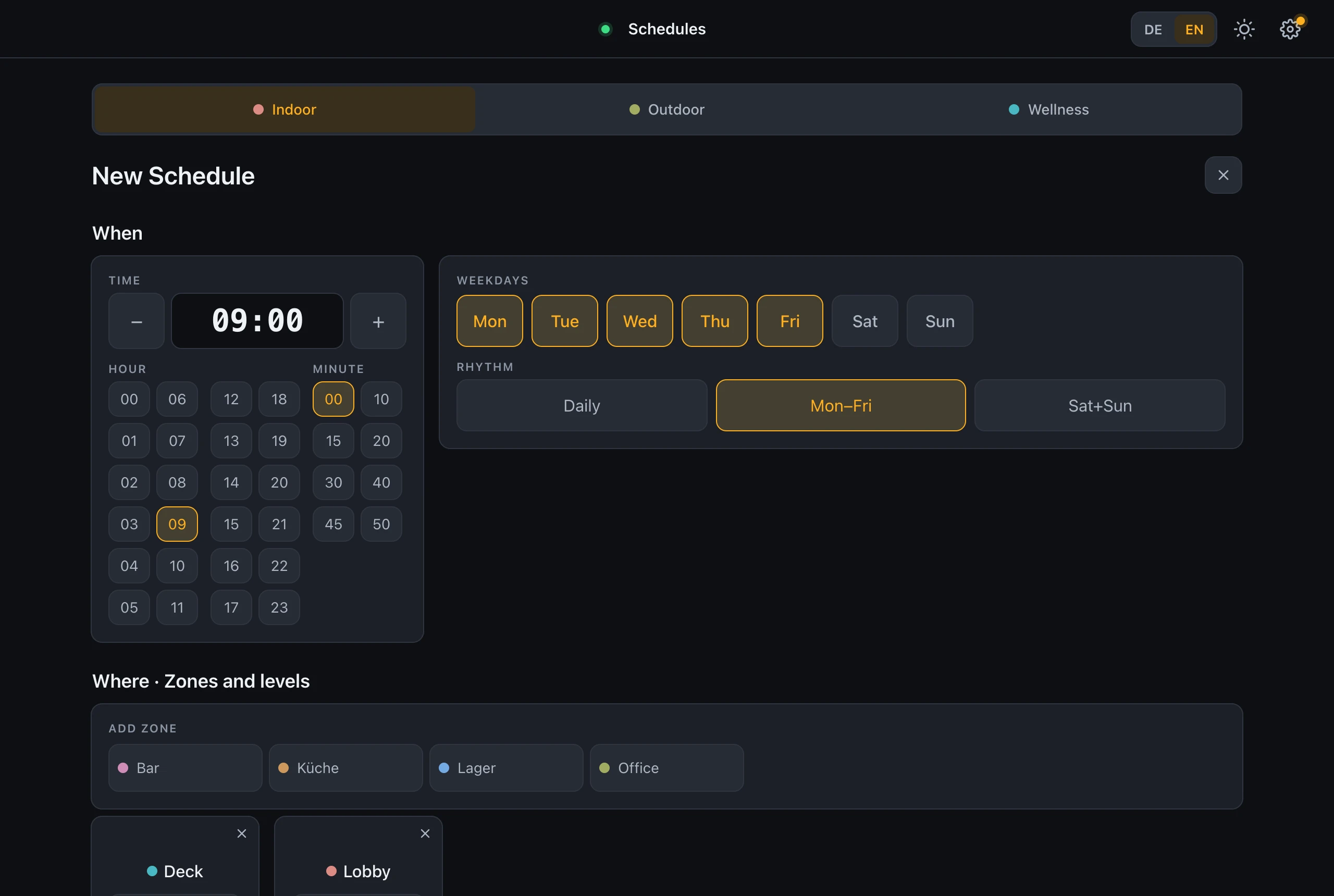 Event editor below the group switch: the When section with the hour grid in columns and minutes beside it, weekdays, and the Add Zone band above two selected zones