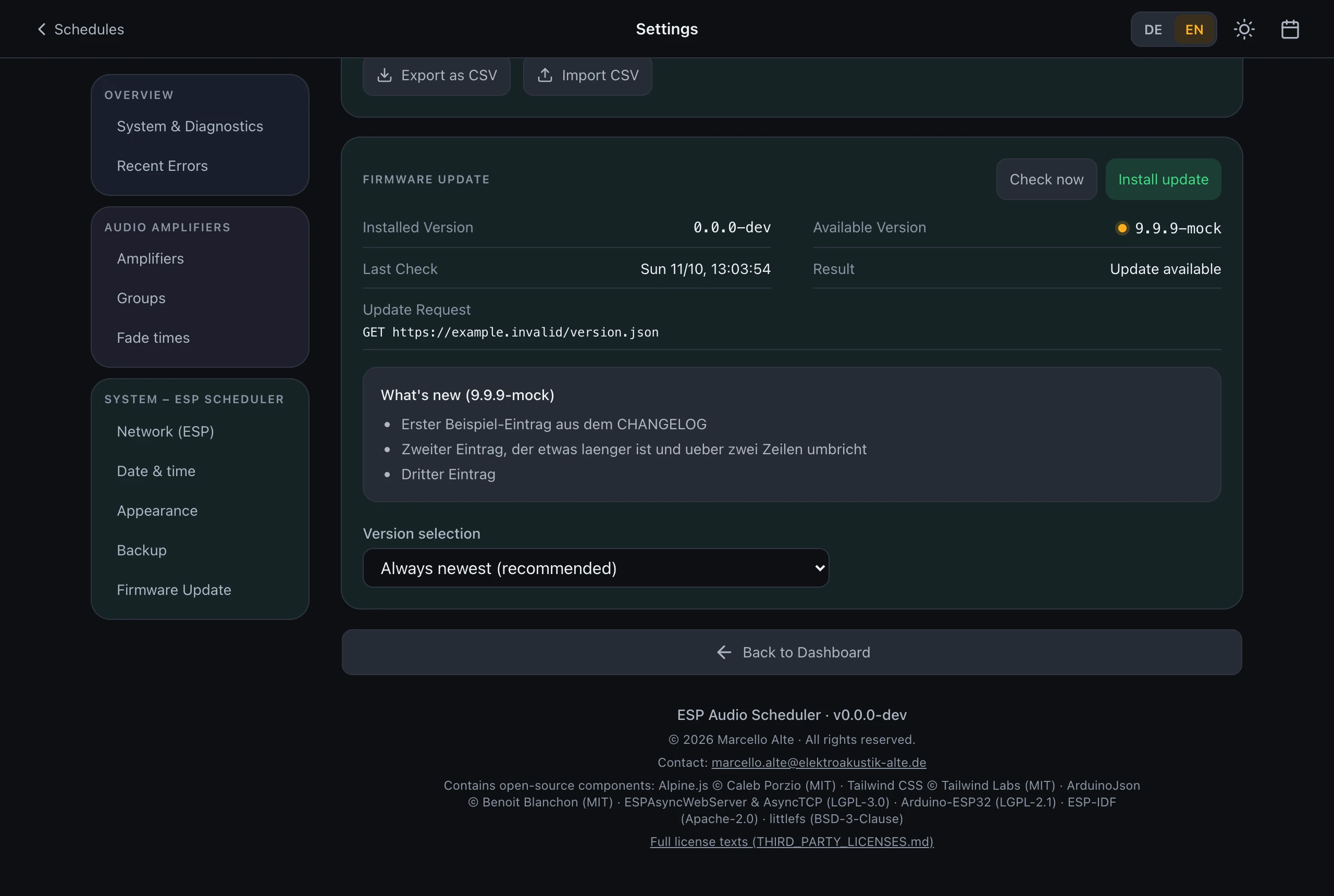 Firmware page showing the installed version, an available update and the Install update button
