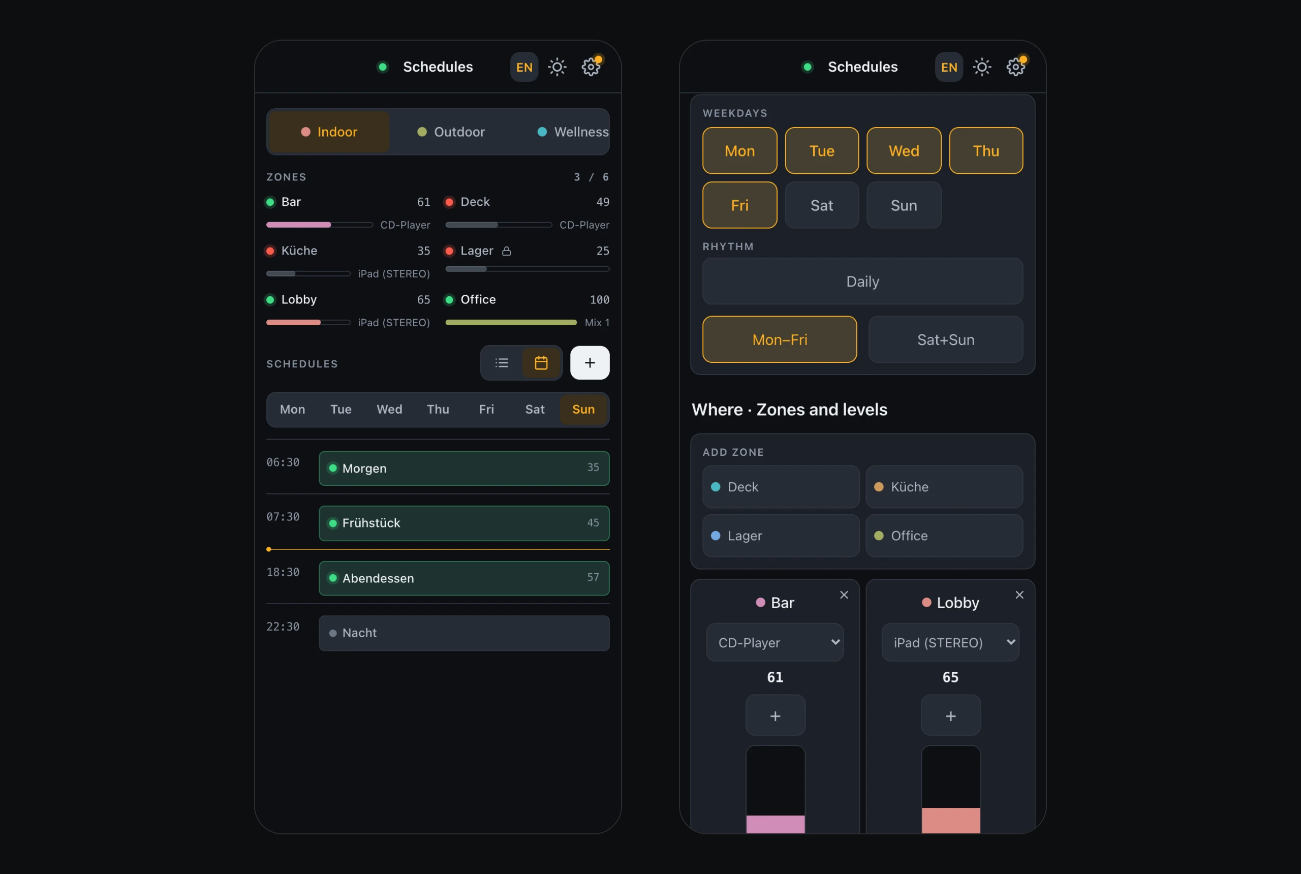 Two phone screens: the schedule page with the group switch and red lamps for muted zones, and the event editor with weekdays Mon–Thu in one row and two zones side by side
