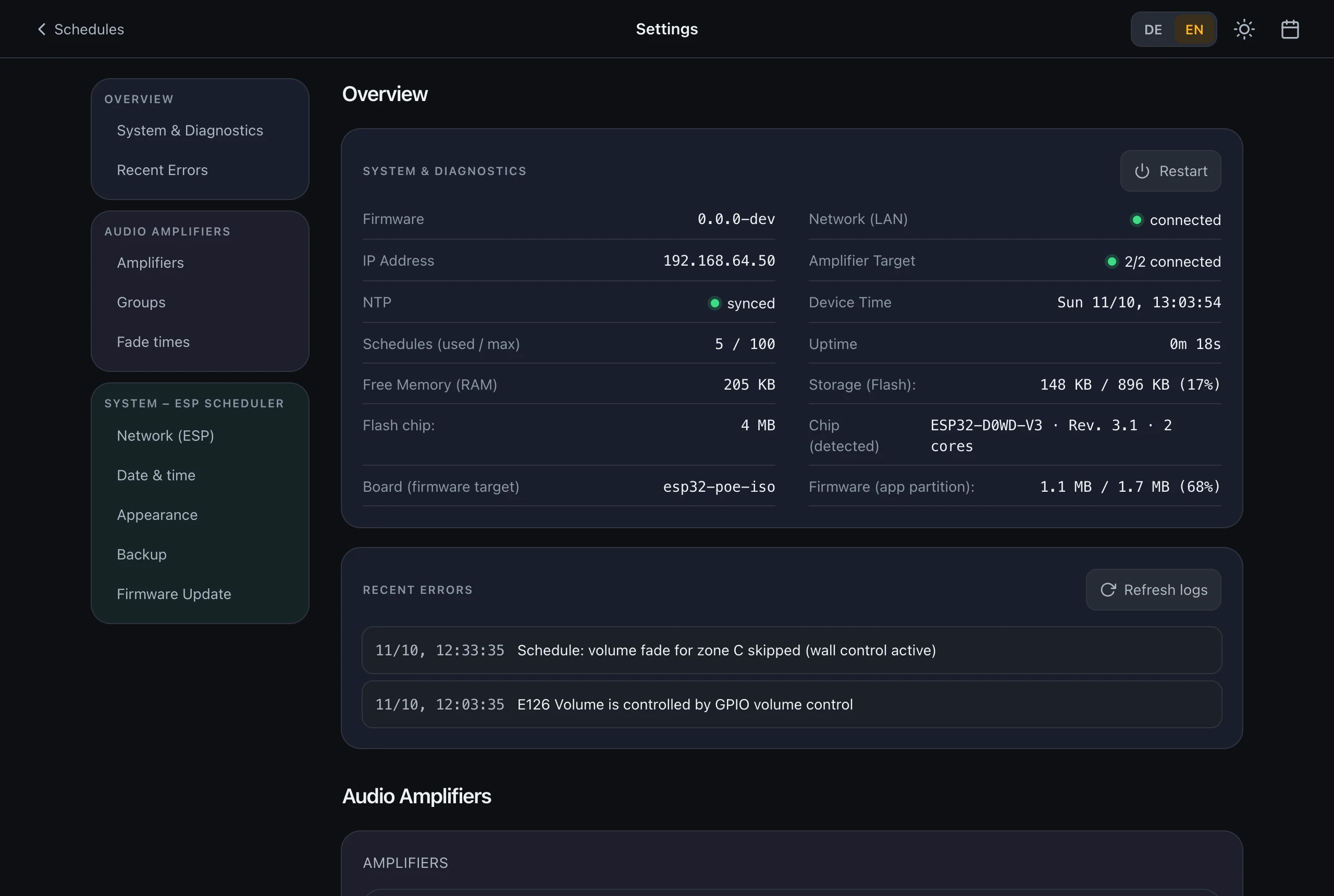 Settings page with the color-coded quick navigation
