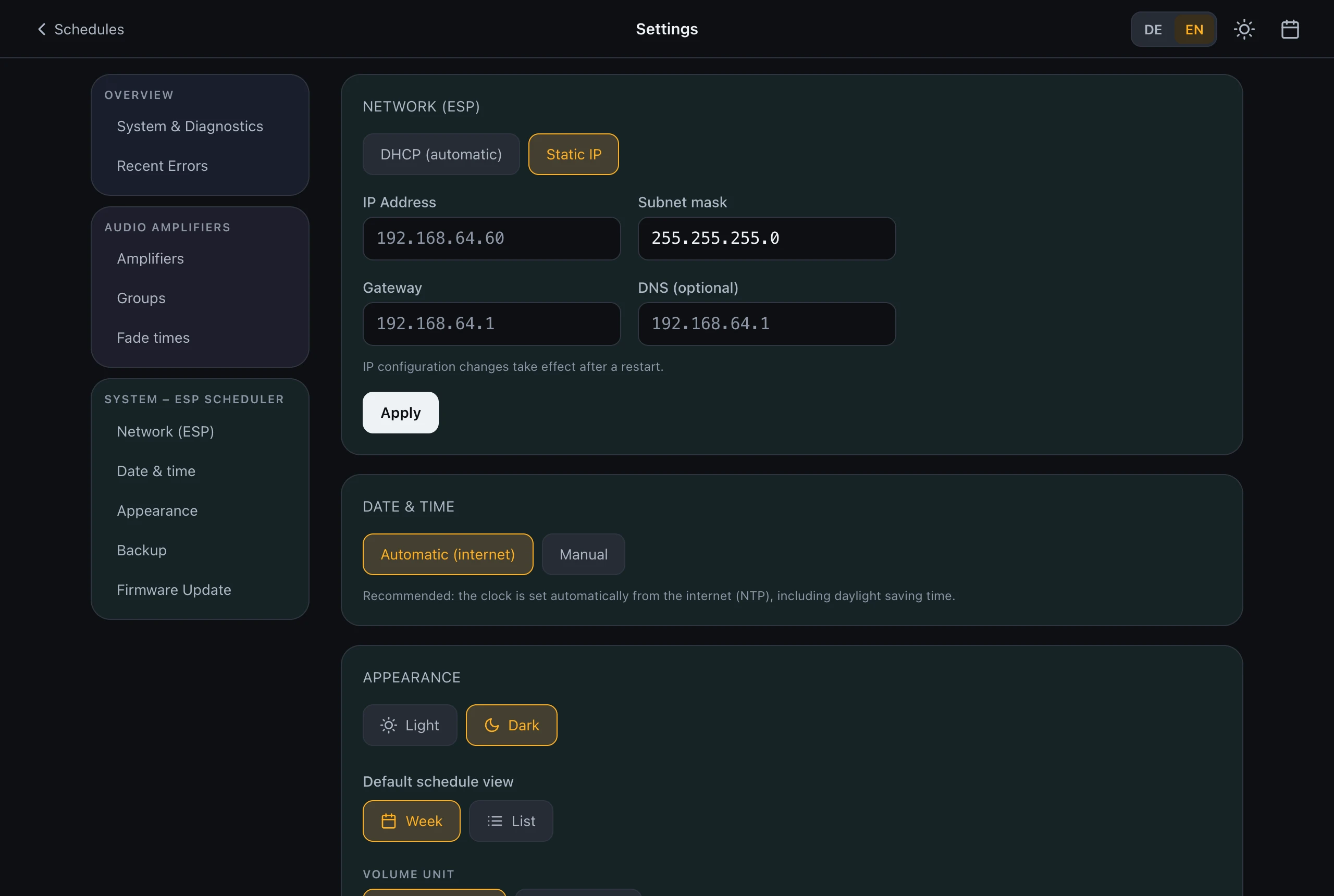 Network settings with static IP