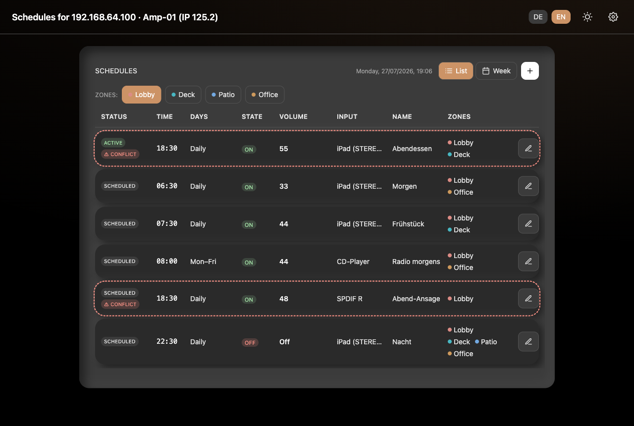 List view of the schedule with a zone filter and per-zone volume column