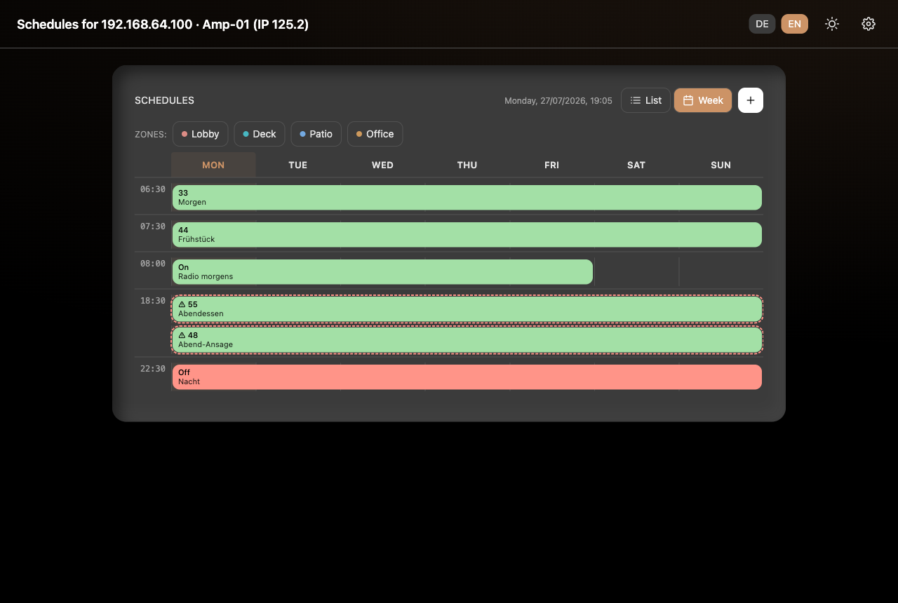 ESP Audio Scheduler dashboard showing a weekly schedule with zone events across the days