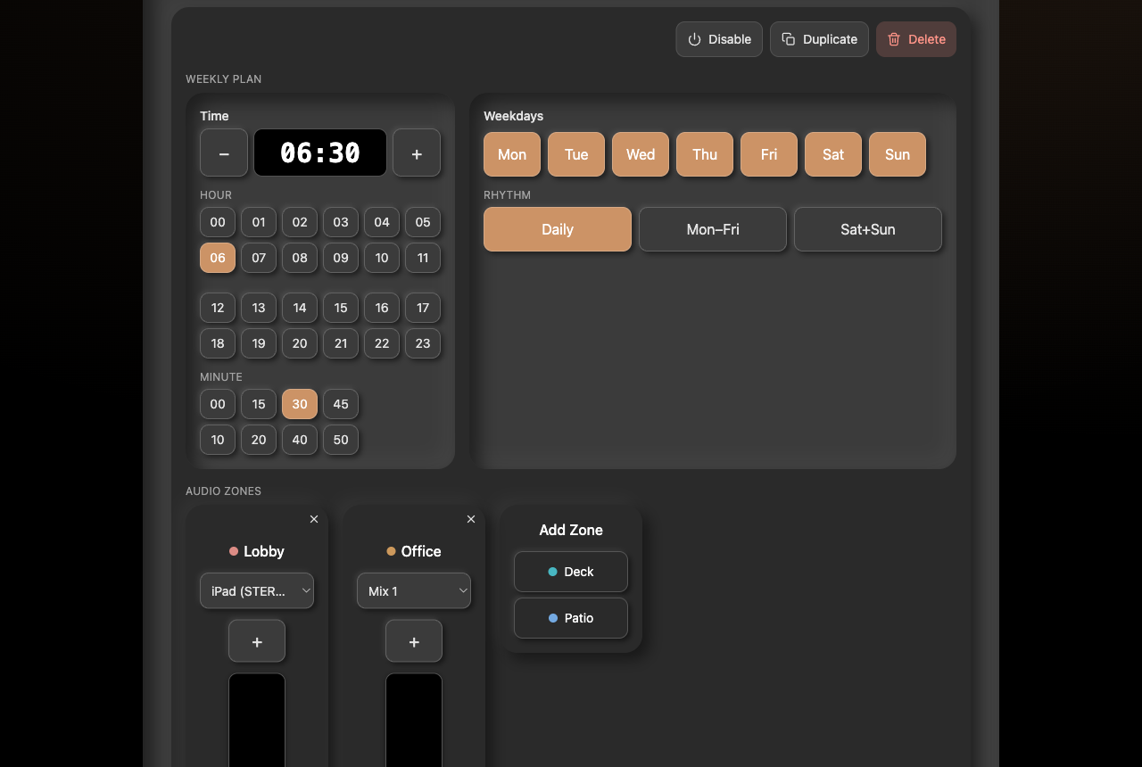 Event editor showing time, weekdays, zones, volume and input fields