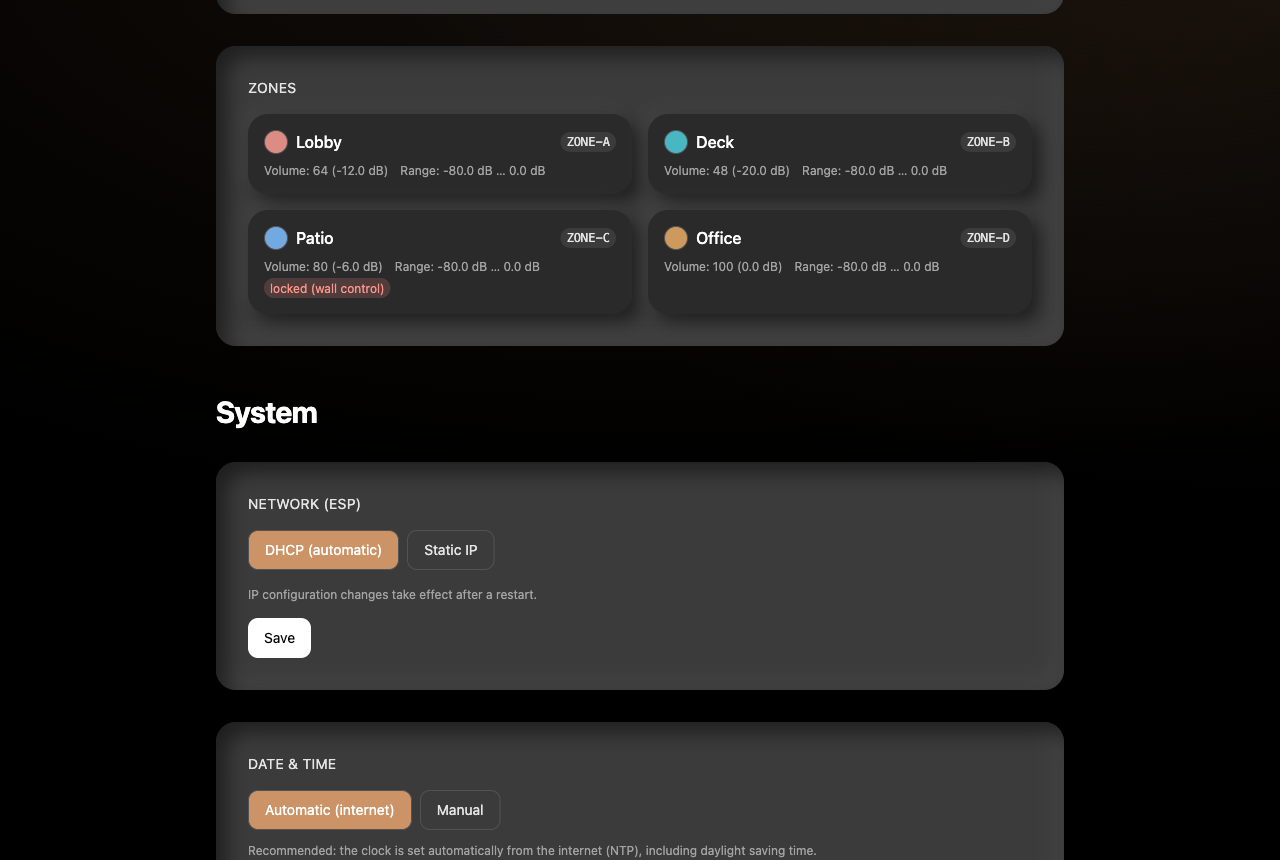 Zone settings page with color pickers and live volume readouts